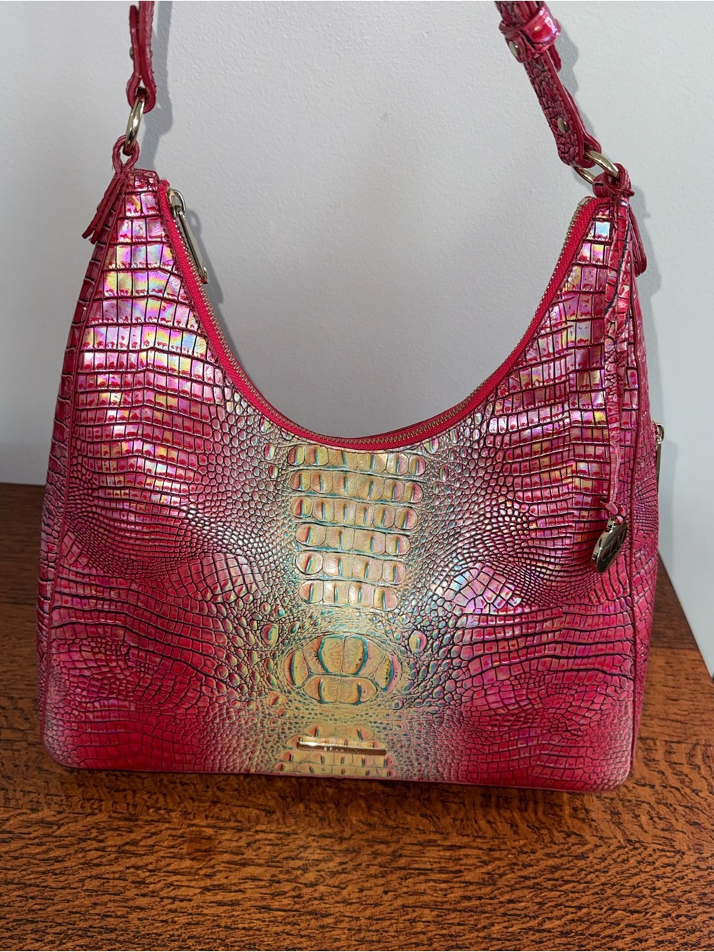NWOT Brahmin Iridescent Hot Pink Croc-Embossed Shoulder Bag